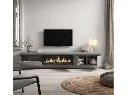 Skraut Home Móvel de TV, 288x35x45cm, TV de grande formato, Lareira eléctrica XXL, Suspensos, Cimento^ Móvel De Tv