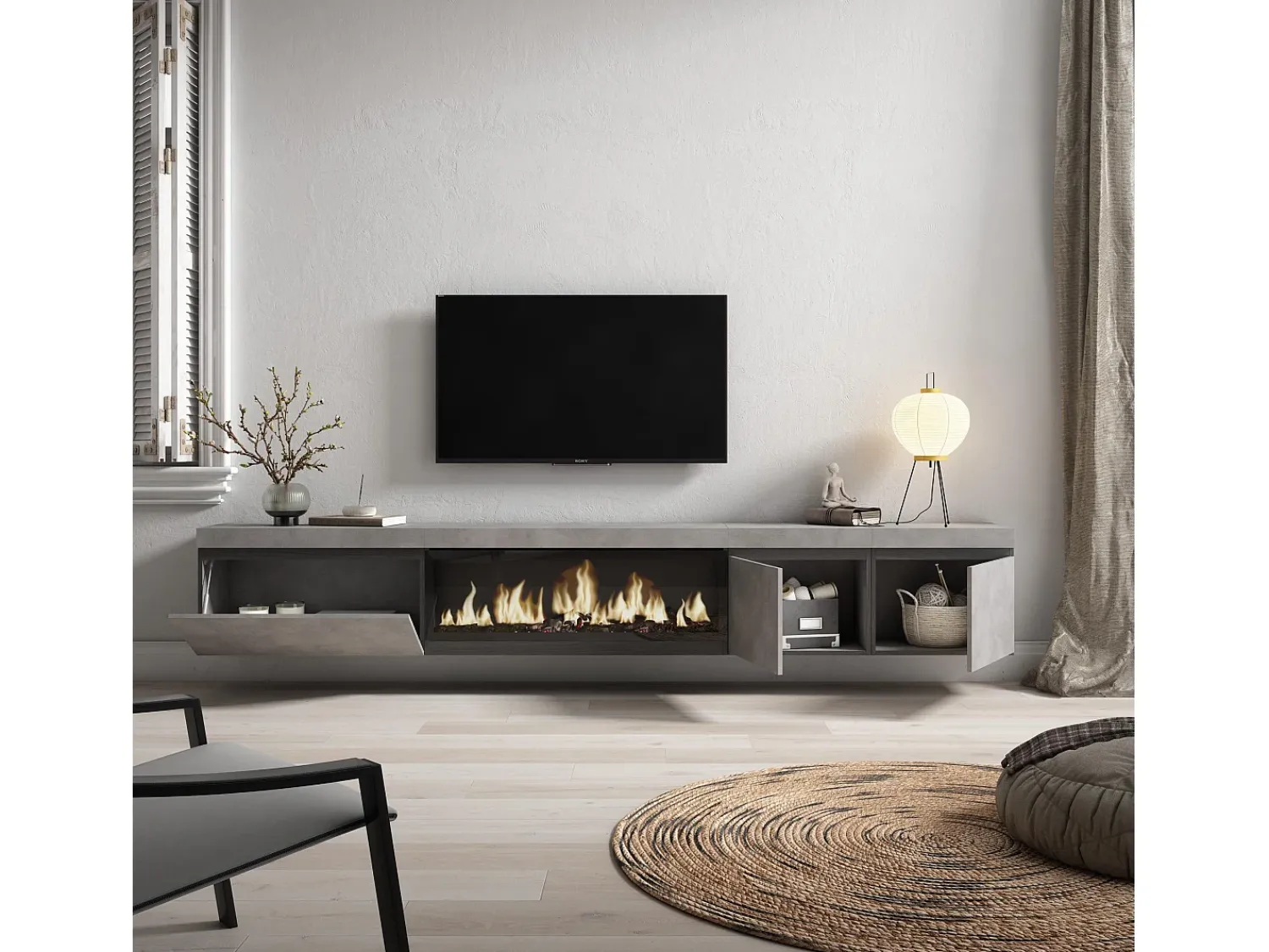 Skraut Home Móvel de TV, 288x35x45cm, TV de grande formato, Lareira eléctrica XXL, Suspensos, Cimento^ Móvel De Tv