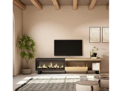 Móvel De Tv|Skraut Home Móvel de TV, 237x35x57cm, TV de grande formato, Lareira eléctrica XXL, Design industrial, Carvahlo e preto Multicor