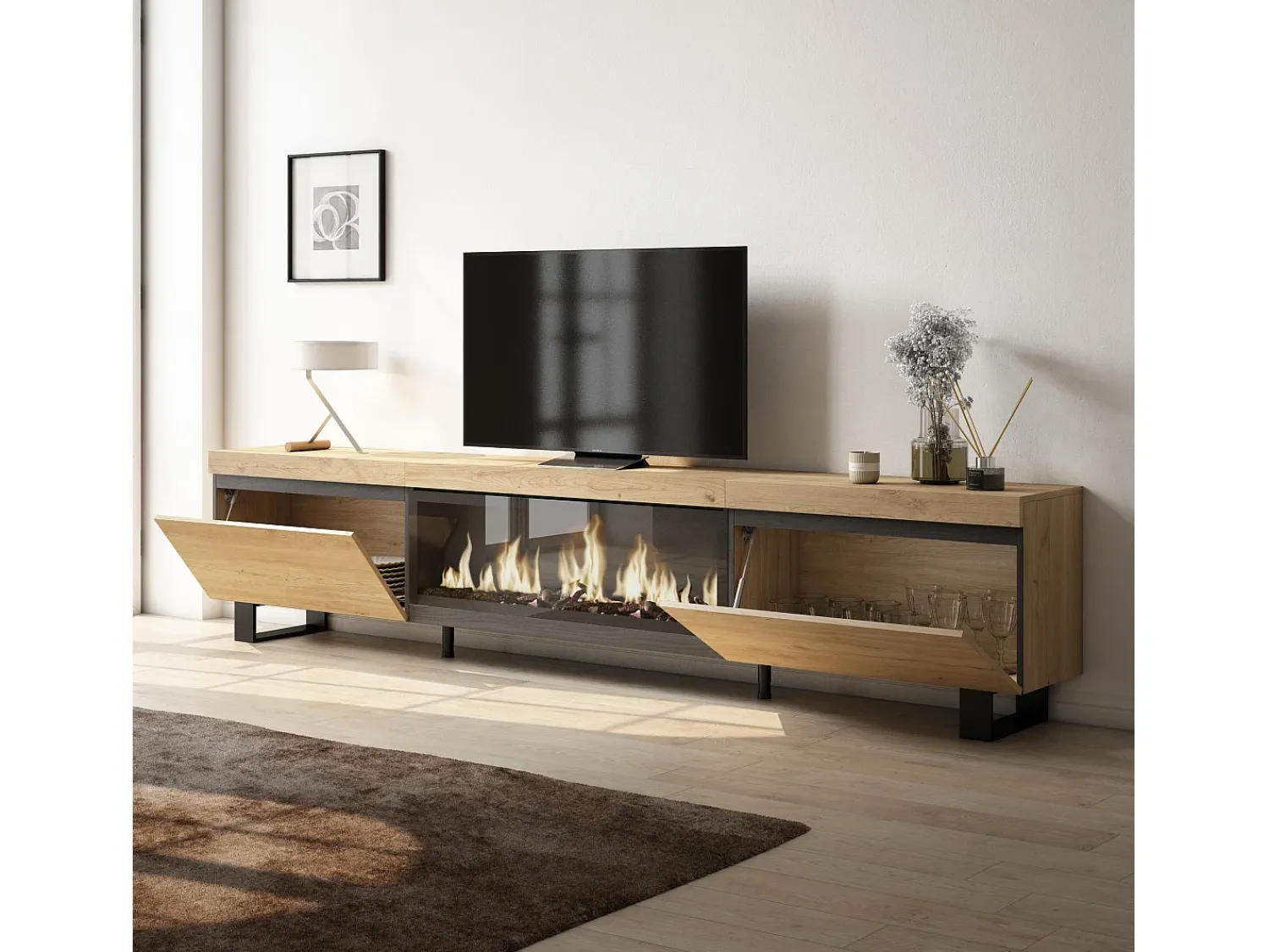 Móvel De Tv|Skraut Home Móvel de TV, 267x35x57cm, TV de grande formato, Lareira eléctrica XXL, Design industrial, Carvalho Natural claro