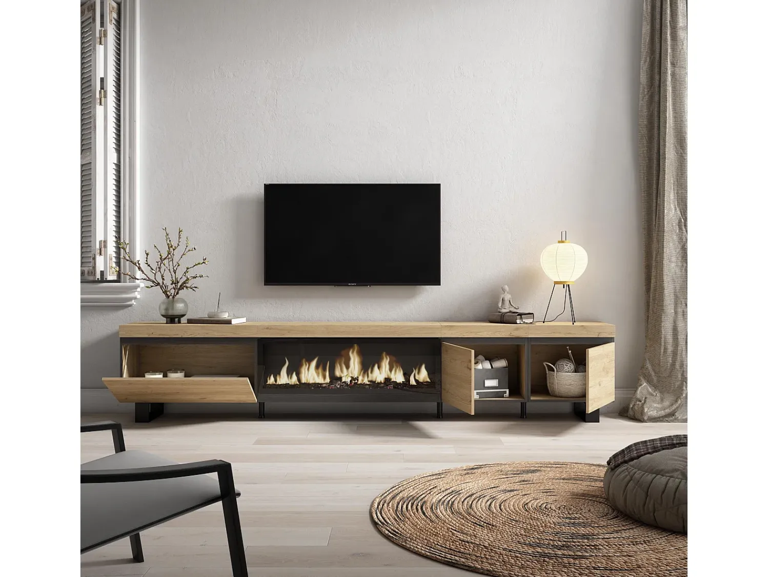 New Skraut Home Móvel de TV, 288x35x57cm, TV de grande formato, Lareira eléctrica XXL, Design industrial, Carvalho Natural claro