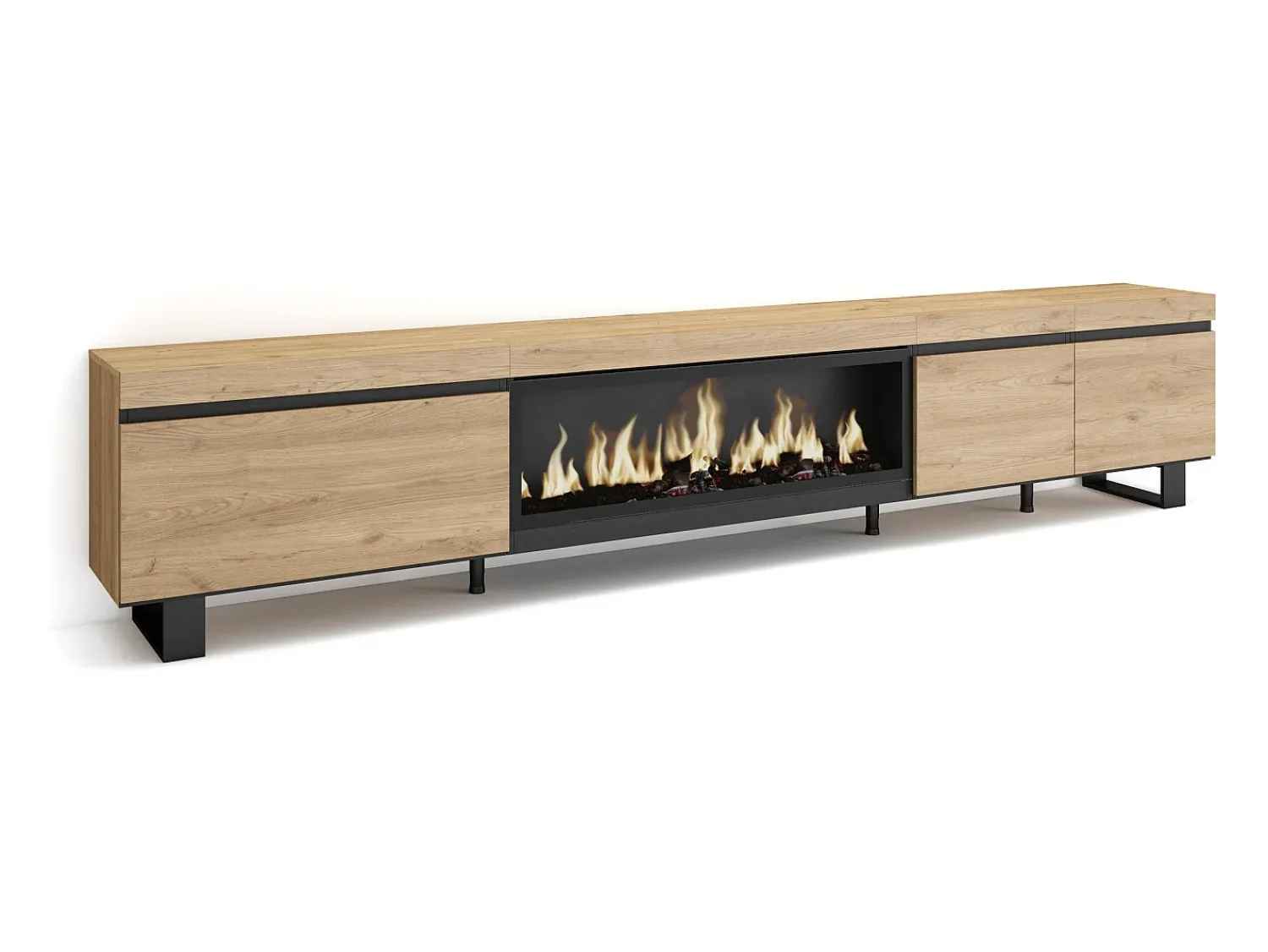 New Skraut Home Móvel de TV, 288x35x57cm, TV de grande formato, Lareira eléctrica XXL, Design industrial, Carvalho Natural claro