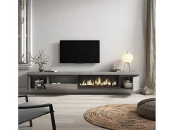 Móvel De Tv|Skraut Home Móvel de TV, 288x35x45cm, TV de grande formato, Lareira eléctrica XXL, Suspensos, Cimento Cinzento