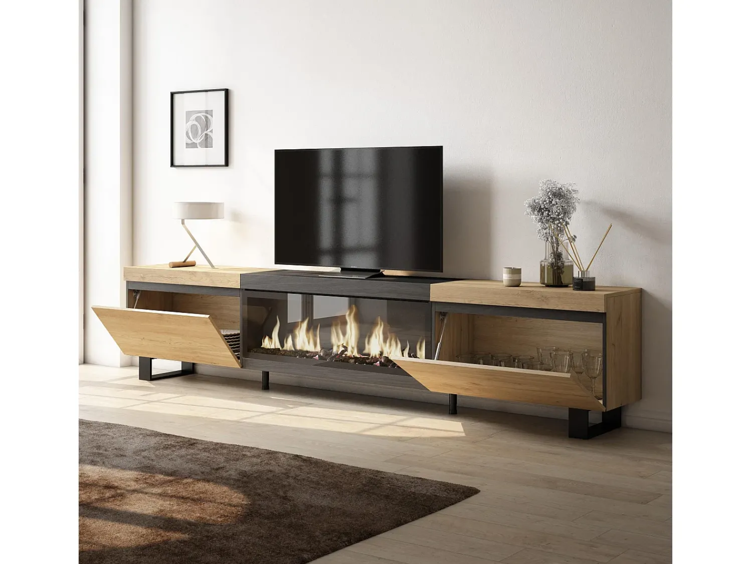 Móvel De Tv|Skraut Home Móvel de TV, 267x35x57cm, TV de grande formato, Lareira eléctrica XXL, Design industrial, Carvahlo e preto Multicor