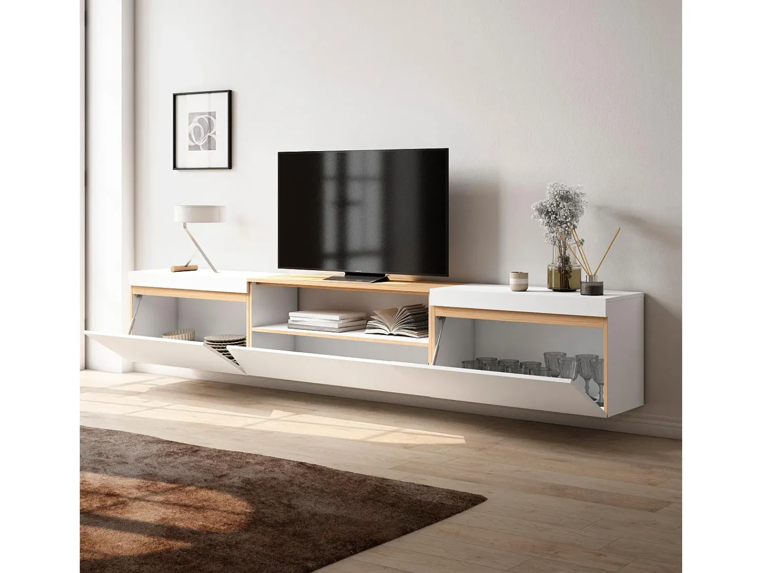 Skraut Home Móvel de TV, 260x35x45cm, TV de grande formato, Suspensos, e Carvalho soft^ Móvel De Tv