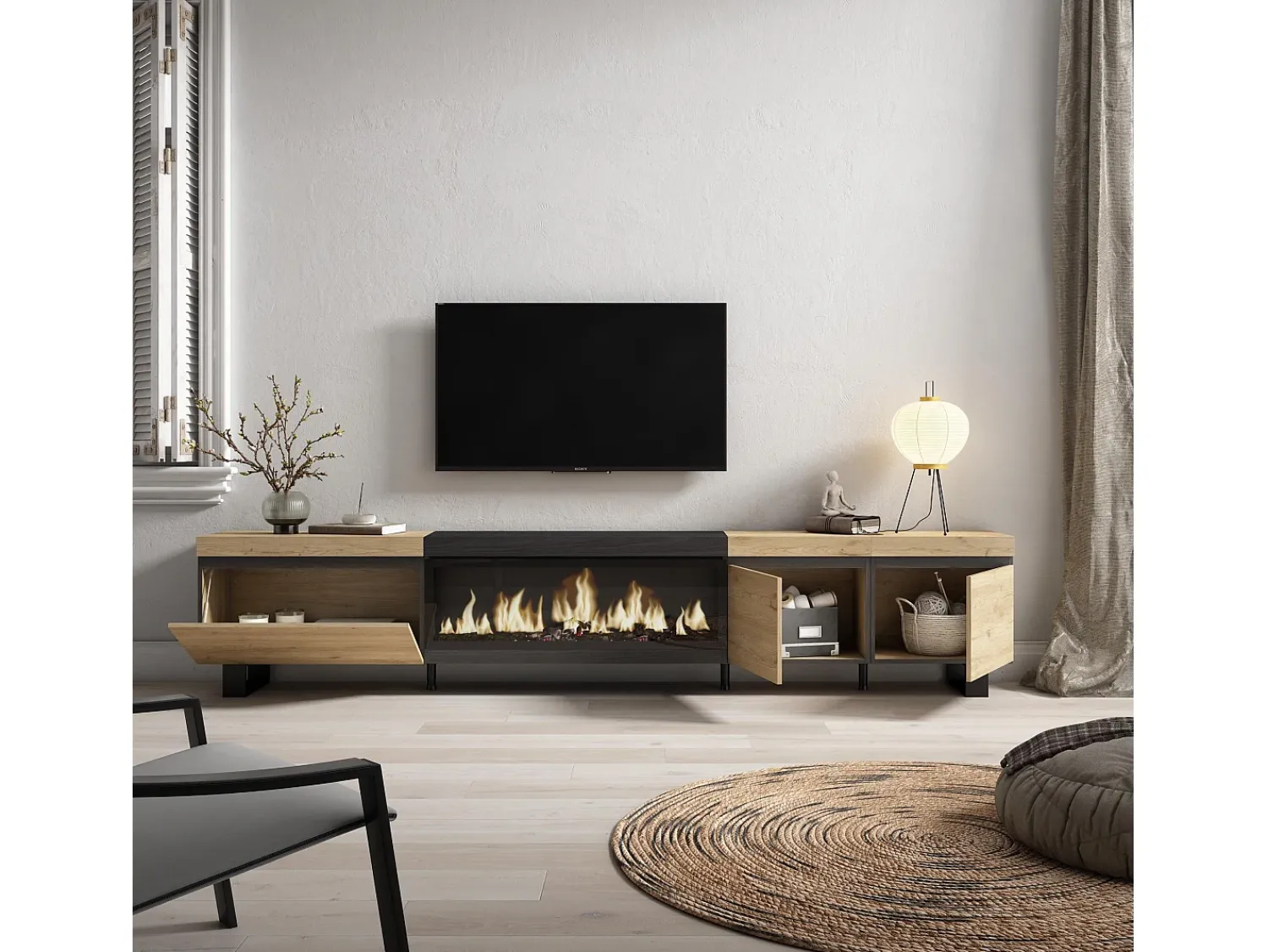 Móvel De Tv|Skraut Home Móvel de TV, 288x35x57cm, TV de grande formato, Lareira eléctrica XXL, Design industrial, Carvahlo e preto Multicor