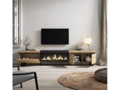 Móvel De Tv|Skraut Home Móvel de TV, 288x35x57cm, TV de grande formato, Lareira eléctrica XXL, Design industrial, Carvahlo e preto Multicor