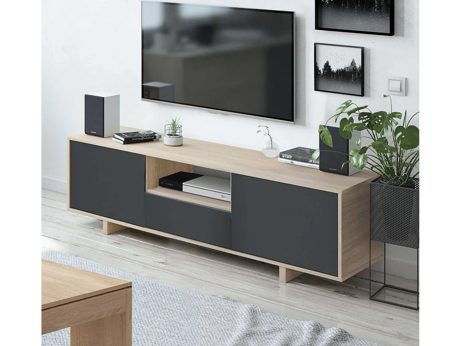 VS Venta-stock Móvel de TV Zaida 3 Portas Cor Carvalho e Cinza, 150 x 41 cm^ Móvel De Tv