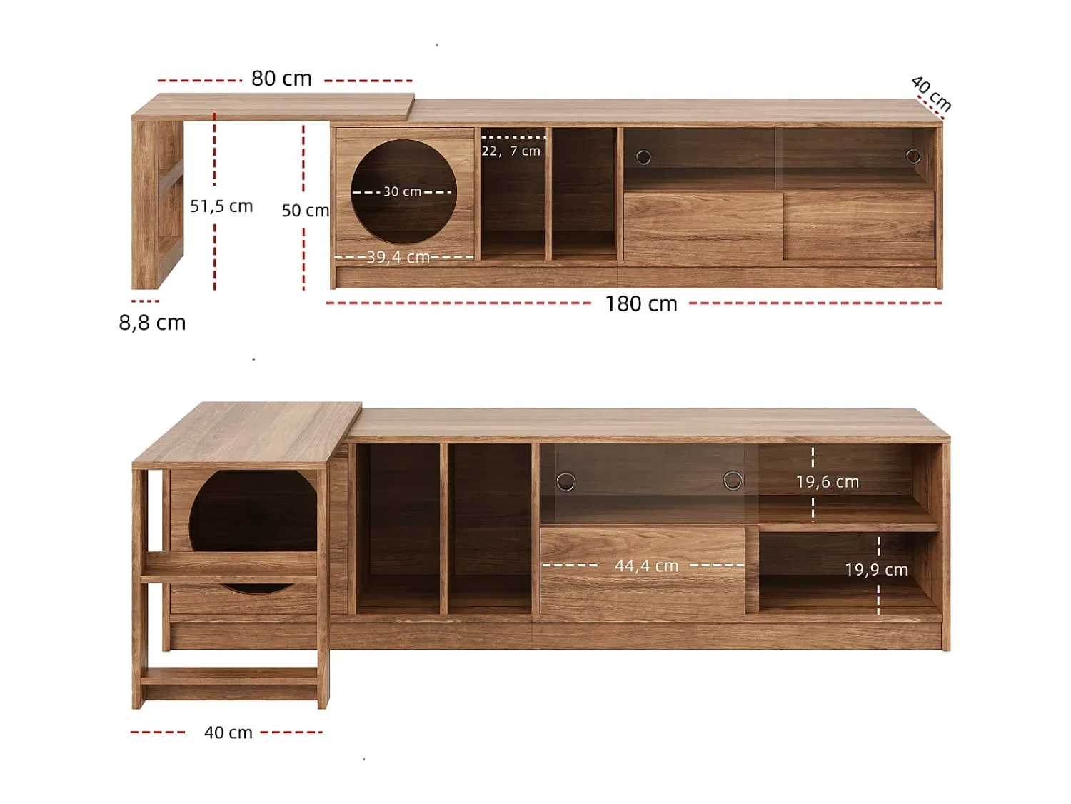Hot Móvel giratório moderno para TV, 180(+80)×40×50 cm, cor nogueira, portas de vidro reforçado, área de descanso para gatos. Castanho