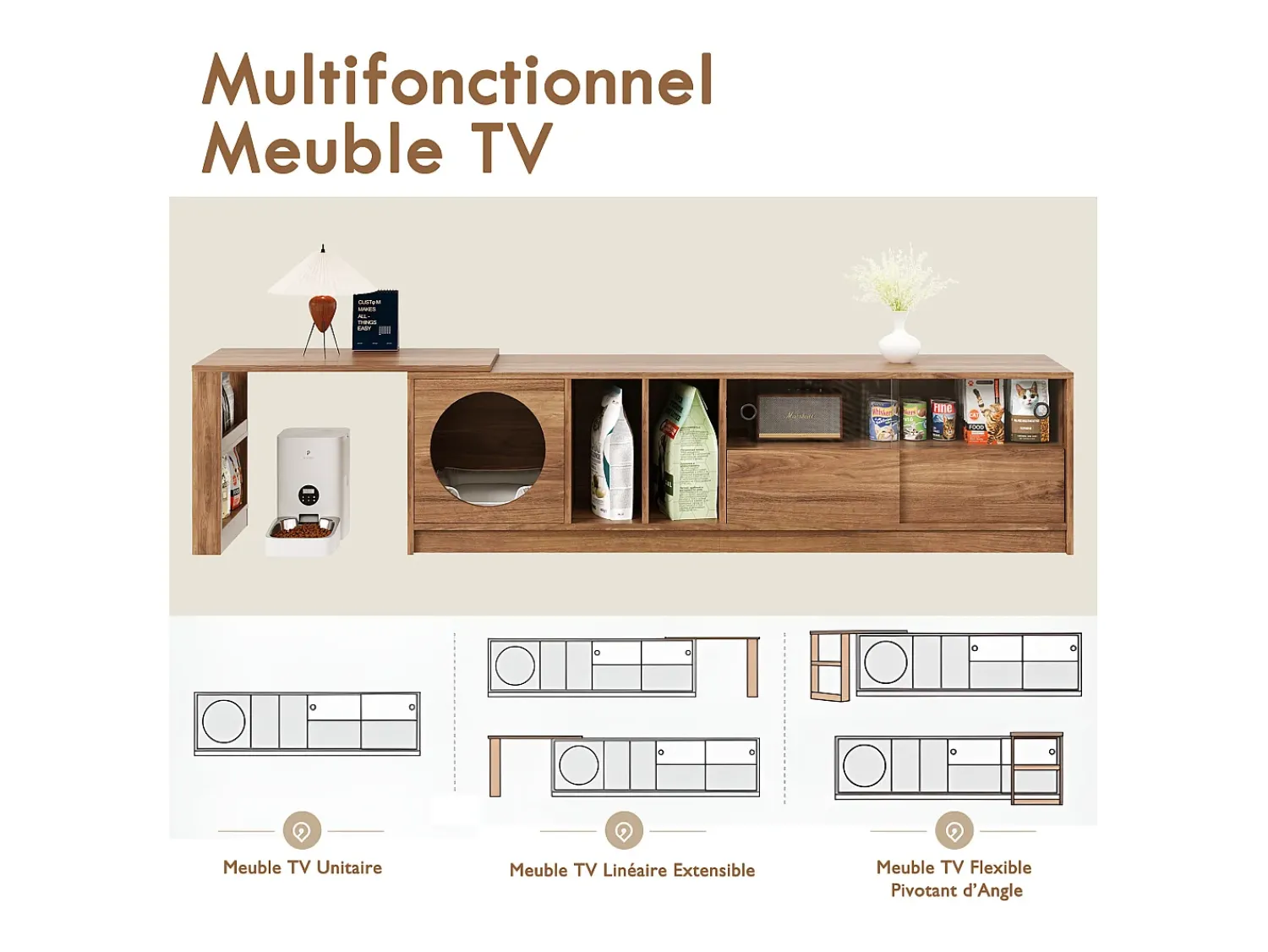 Hot Móvel giratório moderno para TV, 180(+80)×40×50 cm, cor nogueira, portas de vidro reforçado, área de descanso para gatos. Castanho