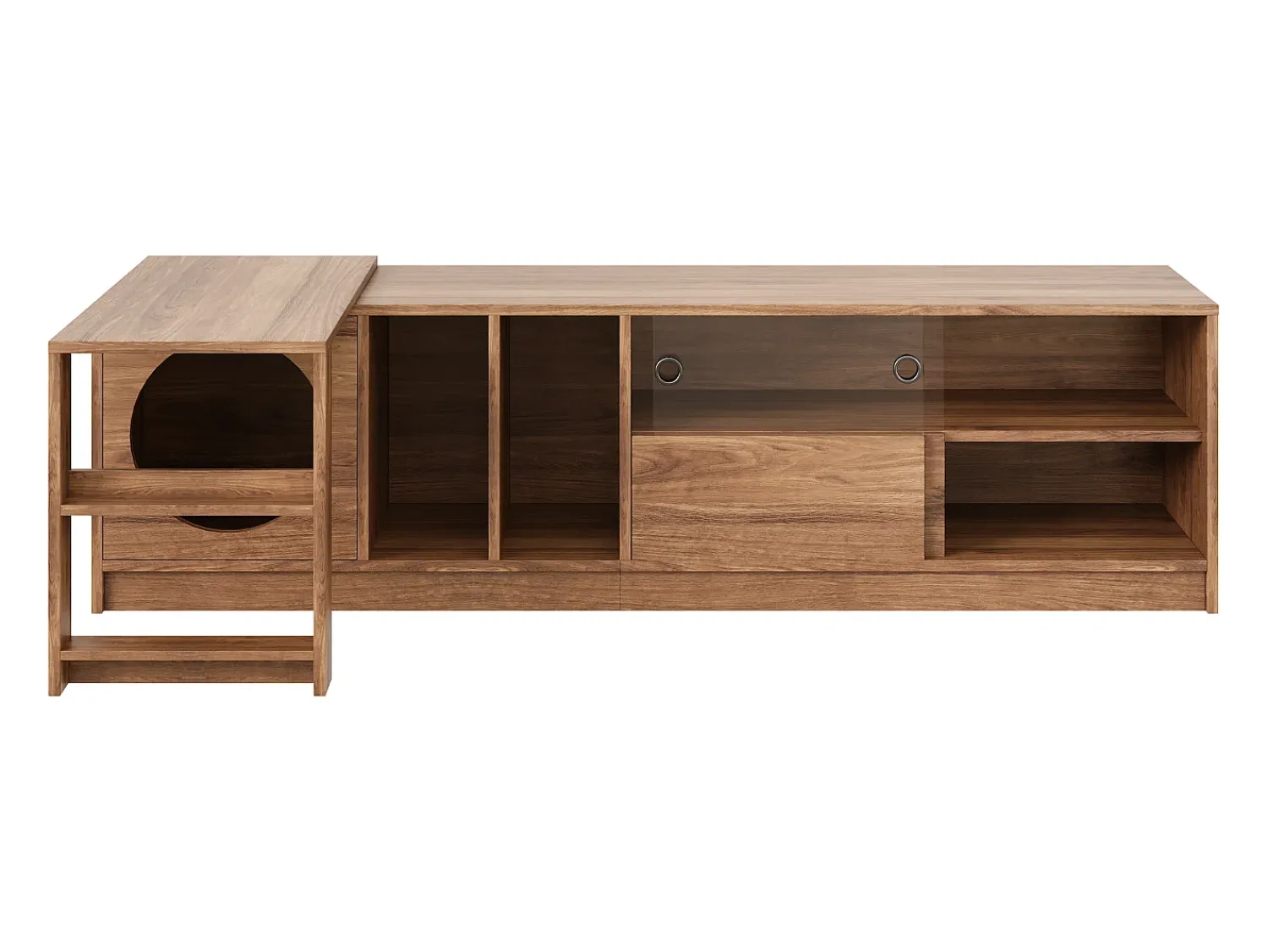 Hot Móvel giratório moderno para TV, 180(+80)×40×50 cm, cor nogueira, portas de vidro reforçado, área de descanso para gatos. Castanho