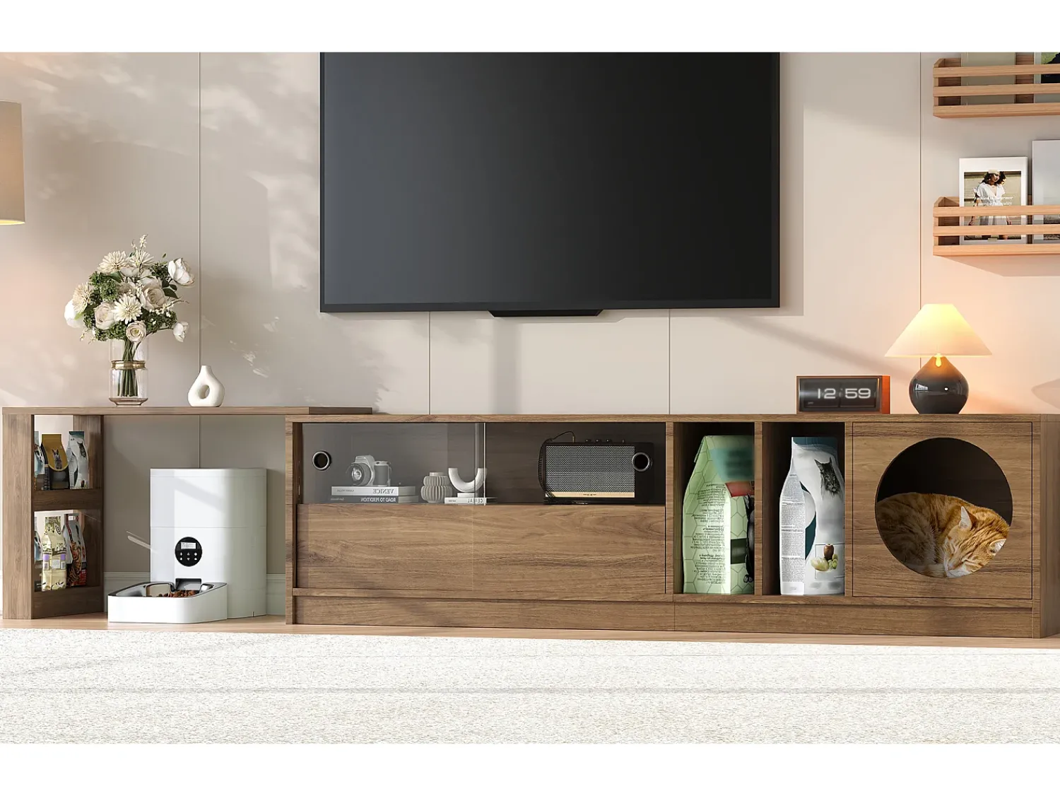 Hot Móvel giratório moderno para TV, 180(+80)×40×50 cm, cor nogueira, portas de vidro reforçado, área de descanso para gatos. Castanho