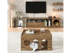 Hot Móvel giratório moderno para TV, 180(+80)×40×50 cm, cor nogueira, portas de vidro reforçado, área de descanso para gatos. Castanho