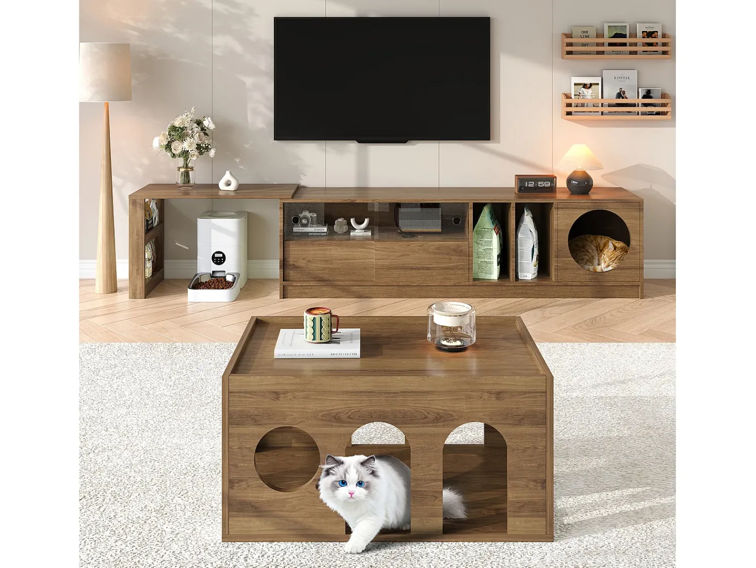Hot Móvel giratório moderno para TV, 180(+80)×40×50 cm, cor nogueira, portas de vidro reforçado, área de descanso para gatos. Castanho
