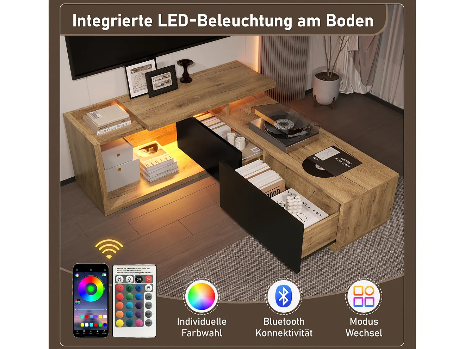 Móvel De Tv| Móvel modular para TV com módulo móvel e LED – design 2 em 1 extensível até 2 m, para sala de estar, Preto