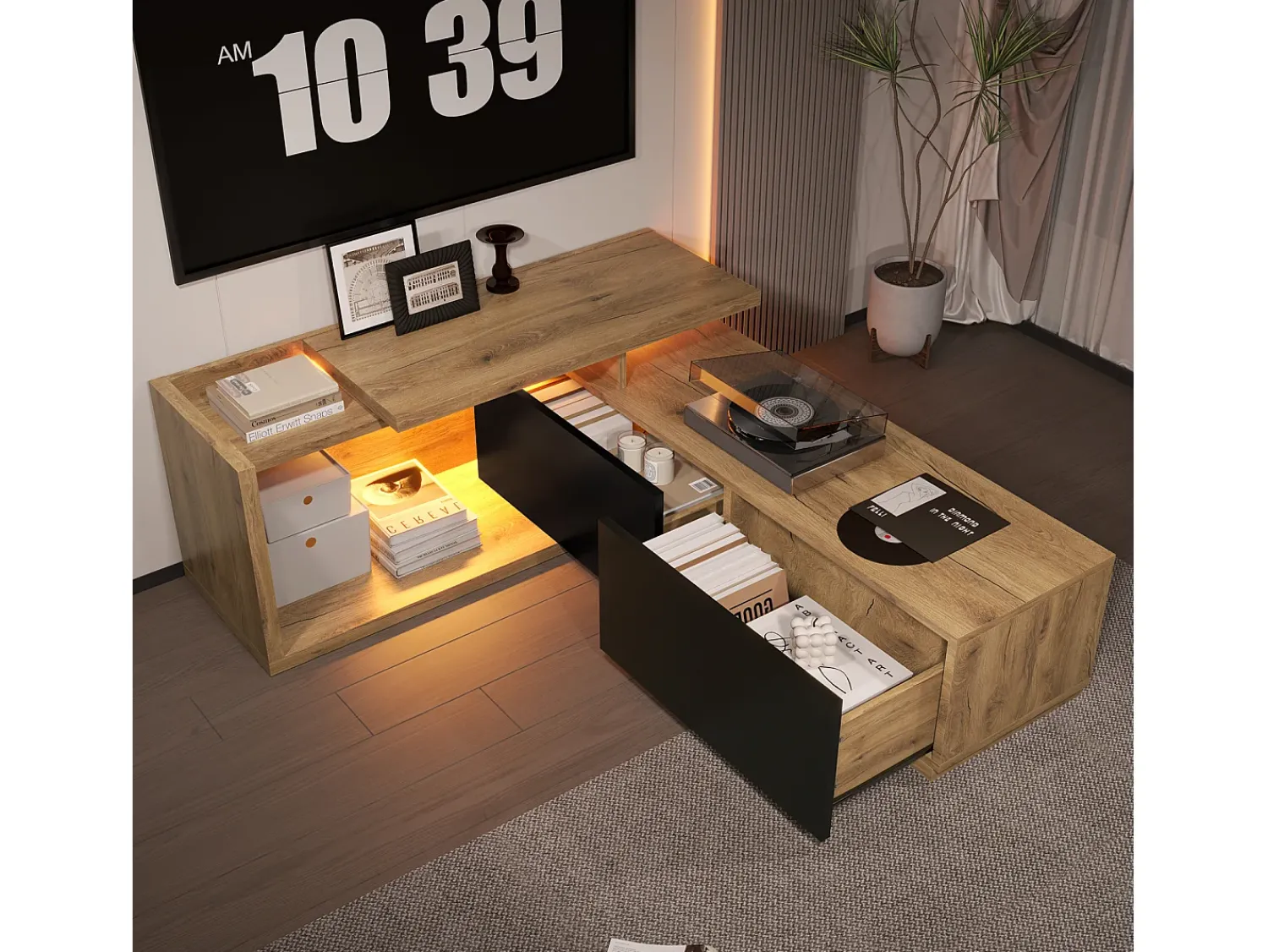 Móvel De Tv| Móvel modular para TV com módulo móvel e LED – design 2 em 1 extensível até 2 m, para sala de estar, Preto