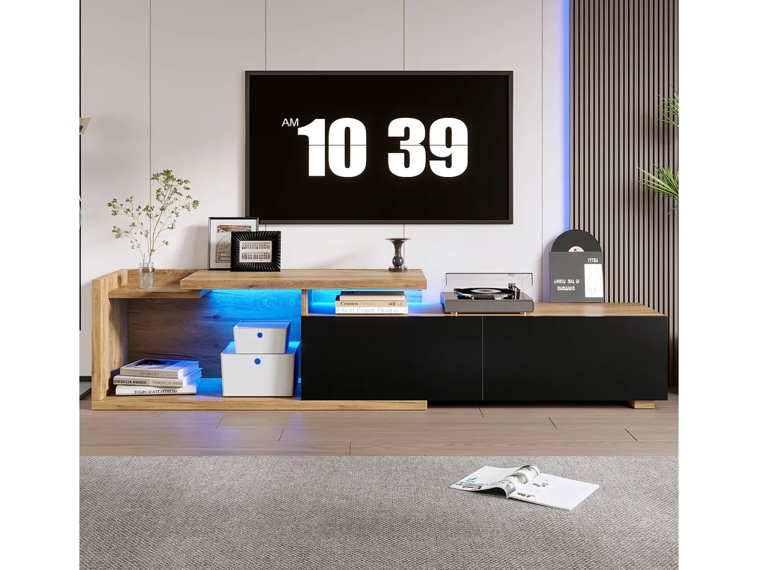 Móvel De Tv| Móvel modular para TV com módulo móvel e LED – design 2 em 1 extensível até 2 m, para sala de estar, Preto