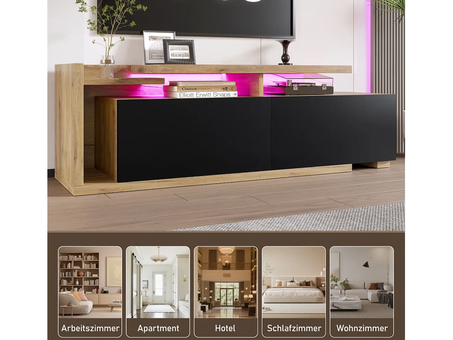 Móvel De Tv| Móvel modular para TV com módulo móvel e LED – design 2 em 1 extensível até 2 m, para sala de estar, Preto