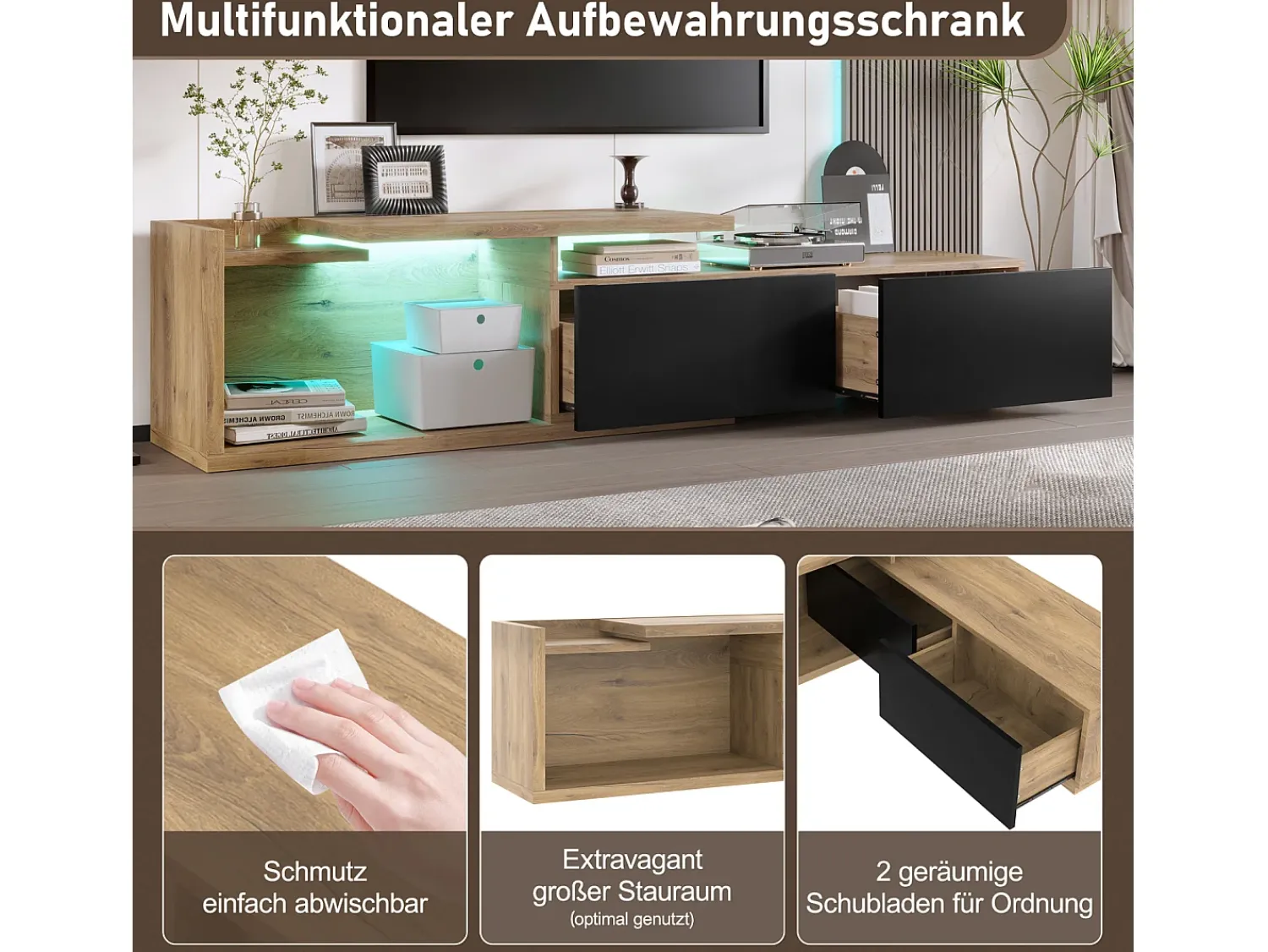 Móvel De Tv| Móvel modular para TV com módulo móvel e LED – design 2 em 1 extensível até 2 m, para sala de estar, Preto