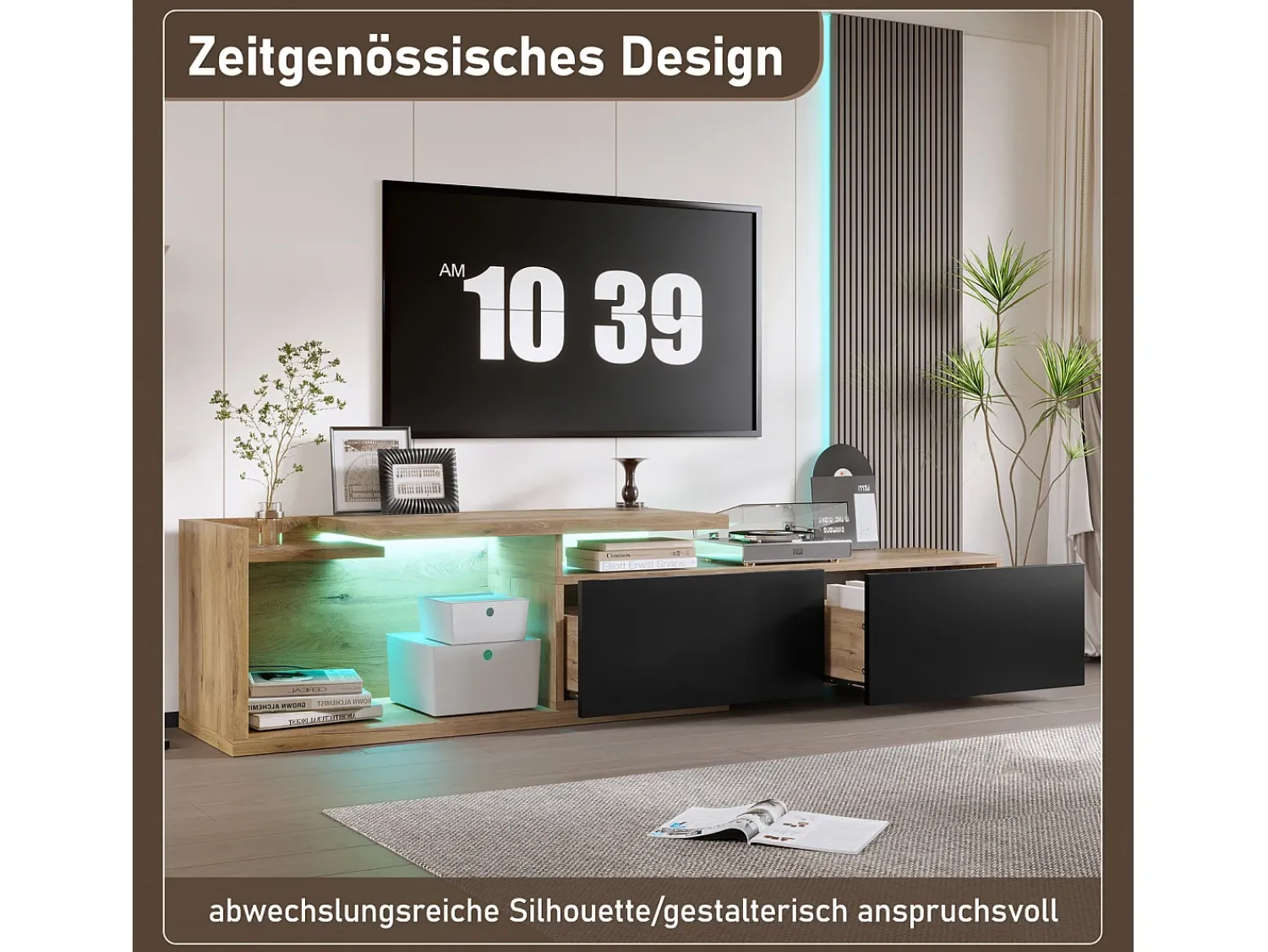 Móvel De Tv| Móvel modular para TV com módulo móvel e LED – design 2 em 1 extensível até 2 m, para sala de estar, Preto