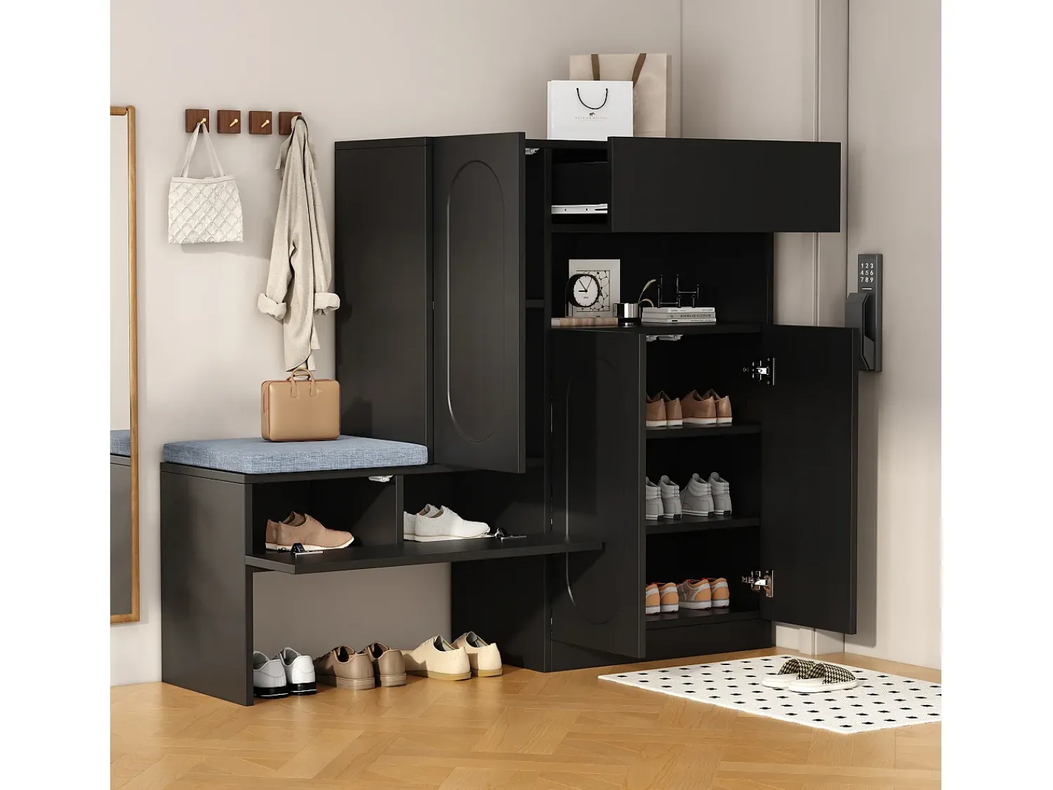 New ModernLuxe Móvel multifuncional para sapatos - com assento estofado - com 4 portas e 1 gaveta - Preto