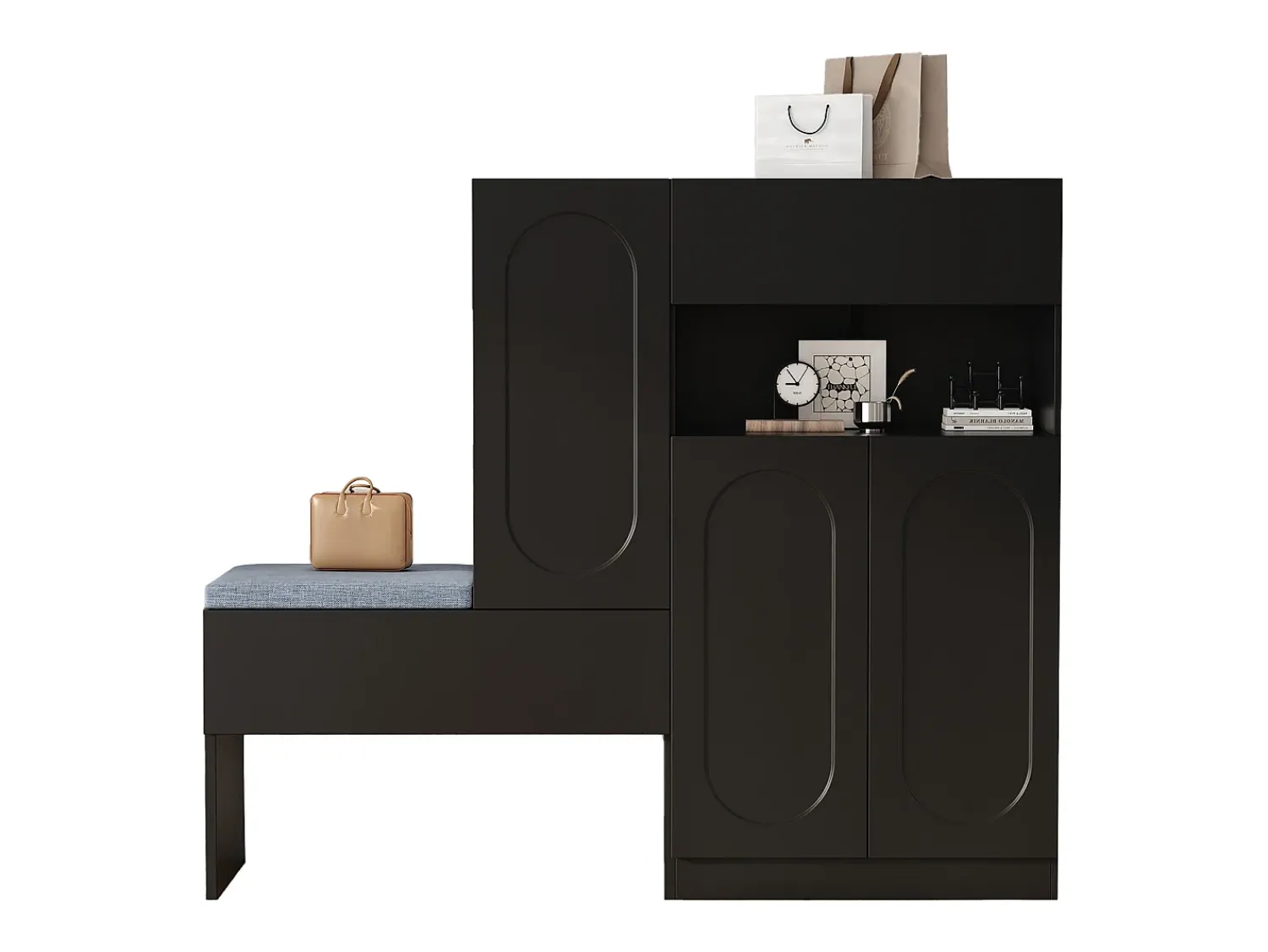 New ModernLuxe Móvel multifuncional para sapatos - com assento estofado - com 4 portas e 1 gaveta - Preto