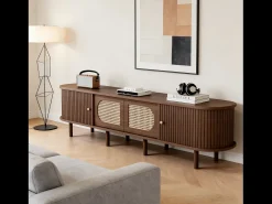 New Merax Móvel oval para TV - 180 x 40 x 40 cm - design em rattan - com 2 portas de correr + 2 portas - MDF - Castanho