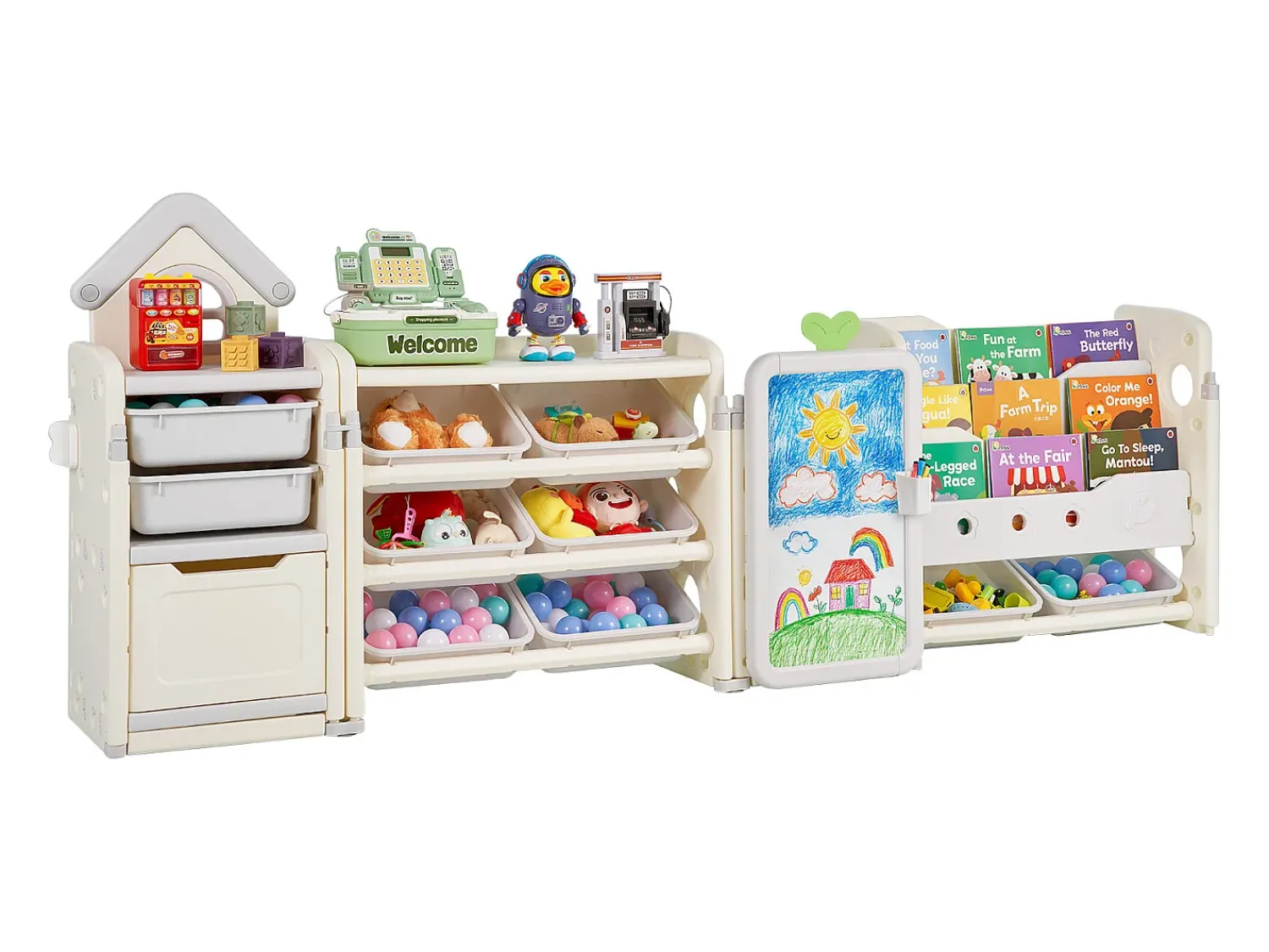 Móvel para Arrumação de Brinquedos Infantis SucceBuy, com Estante e Prancheta, com 4 Níveis e 10 Caixas de Plástico Removíveis, para Creches^ Prateleira