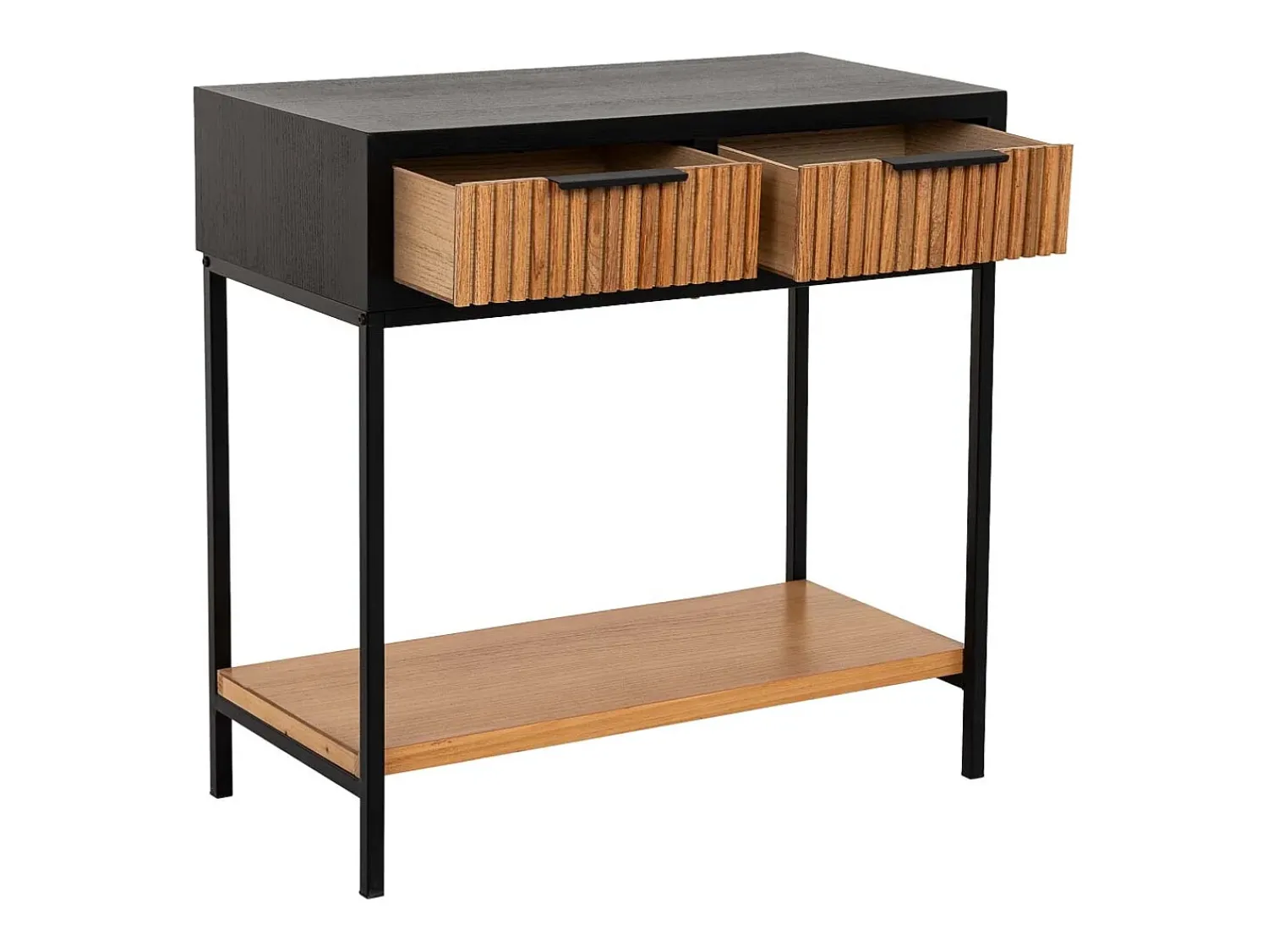 Consola| Móvel para corredor com 2 gavetas, em madeira e metal preto e marrom. Castanho