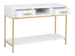 Consola* Móvel para corredor com duas gavetas em madeira e metal e dourado. Branco
