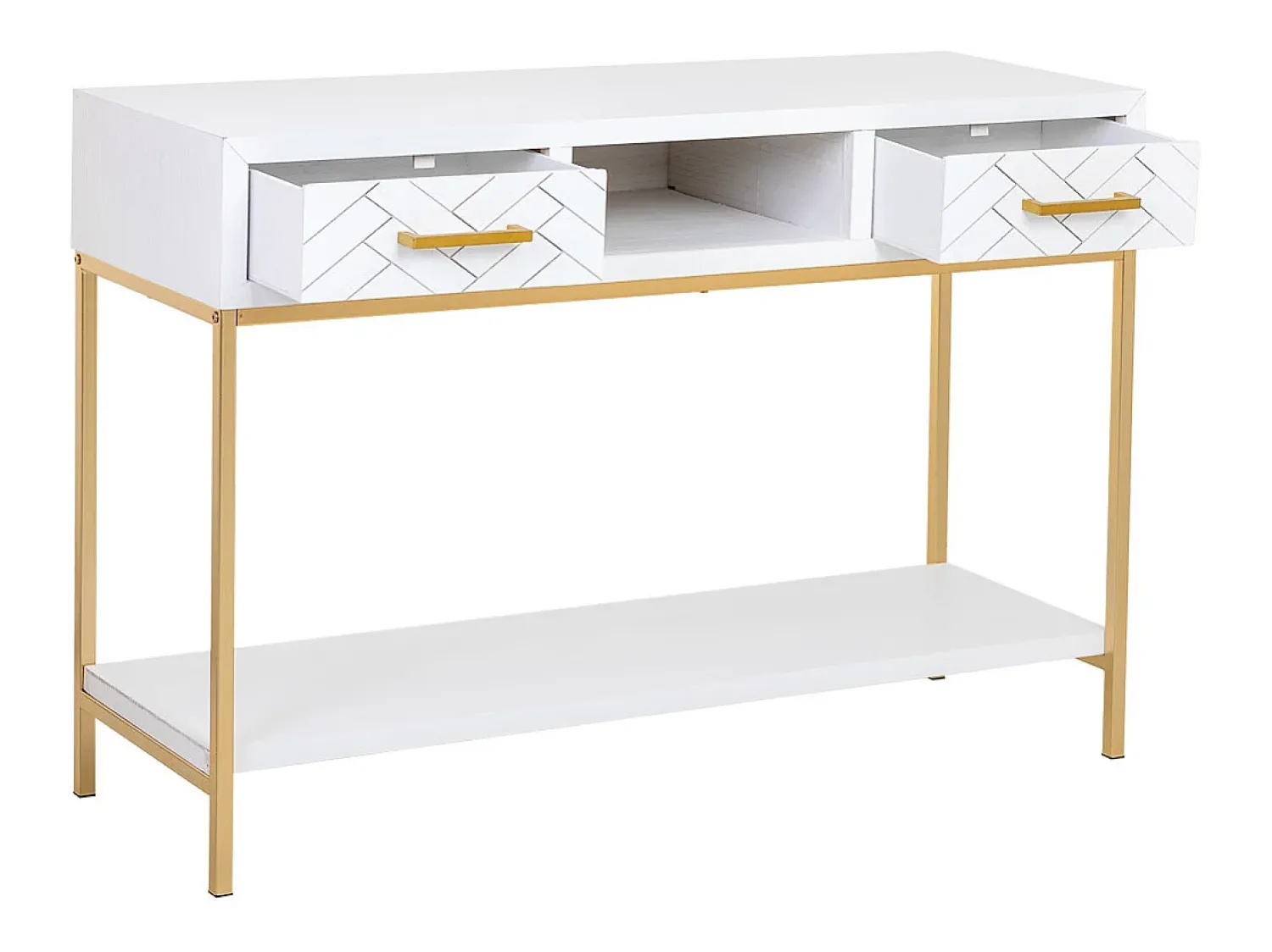 Consola* Móvel para corredor com duas gavetas em madeira e metal e dourado. Branco