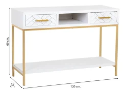 Consola* Móvel para corredor com duas gavetas em madeira e metal e dourado. Branco