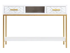 Consola* Móvel para corredor com duas gavetas em madeira e metal e dourado. Branco