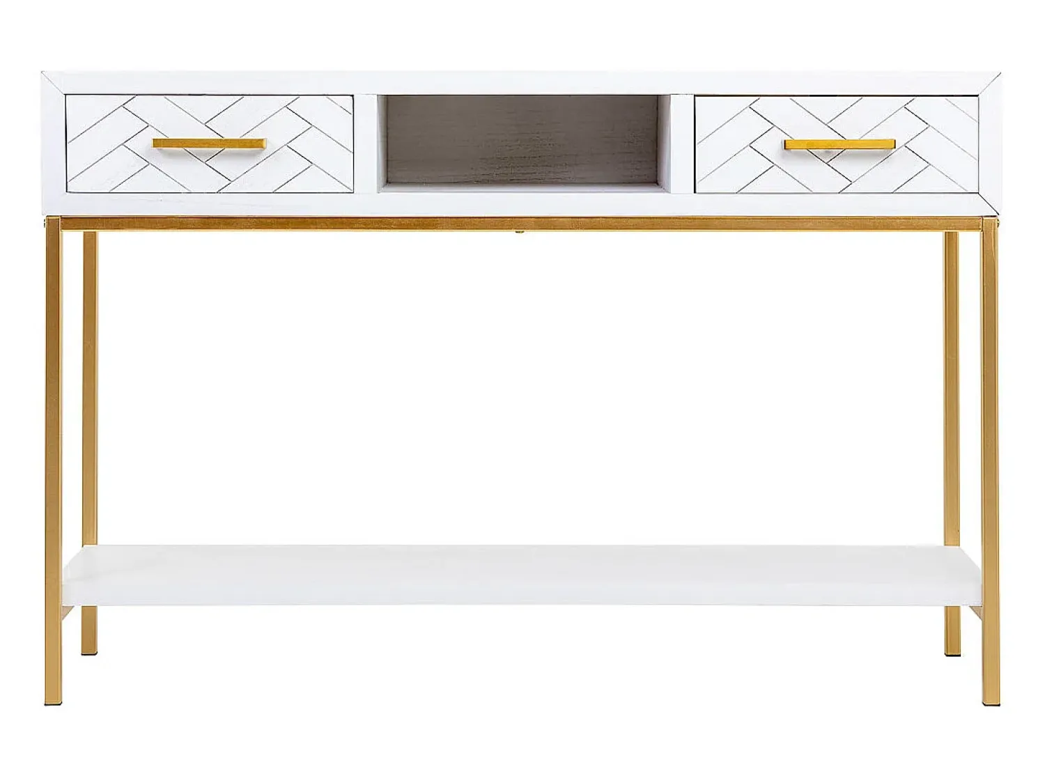 Consola* Móvel para corredor com duas gavetas em madeira e metal e dourado. Branco