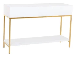 Consola* Móvel para corredor com duas gavetas em madeira e metal e dourado. Branco