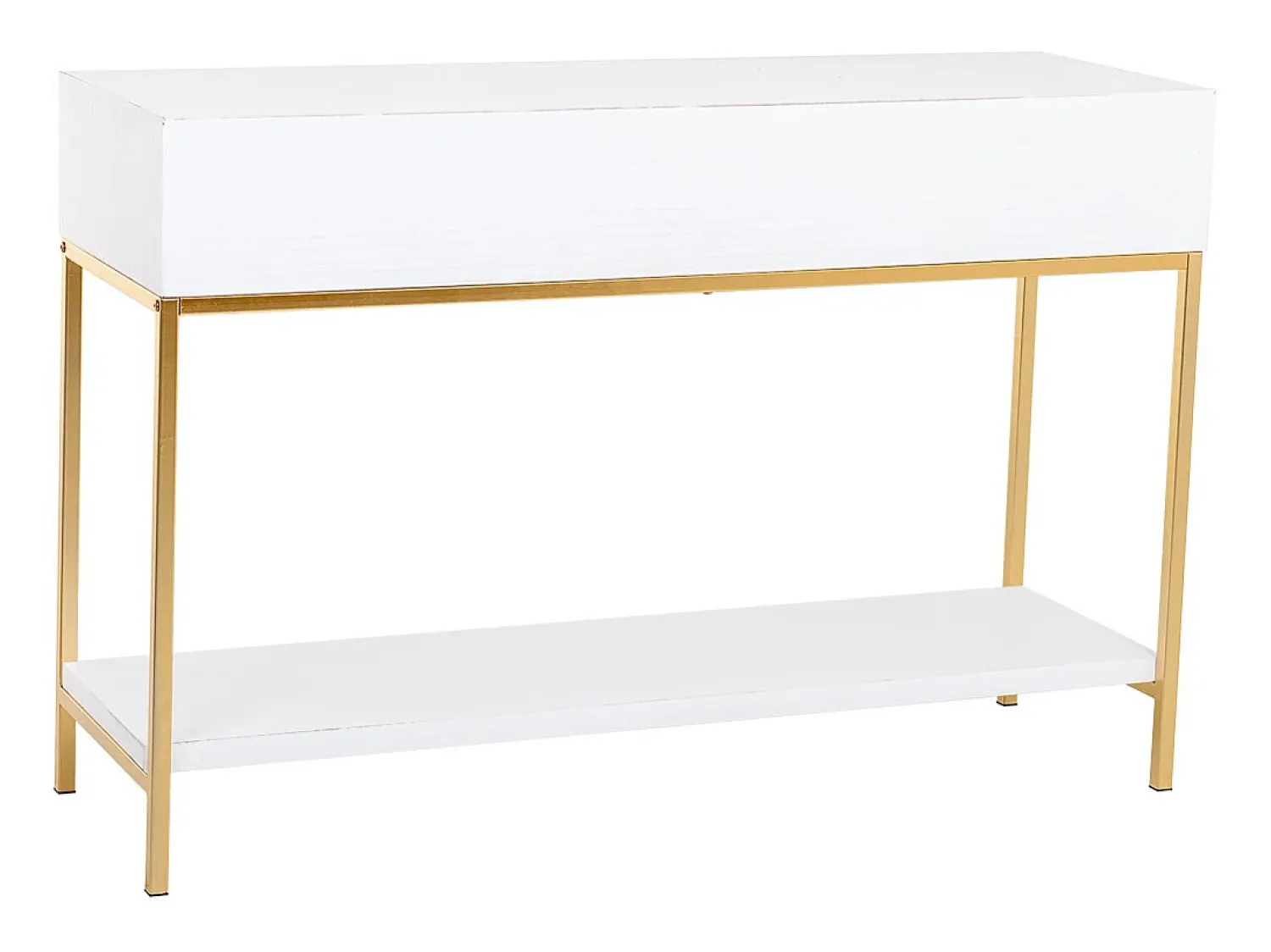 Consola* Móvel para corredor com duas gavetas em madeira e metal e dourado. Branco