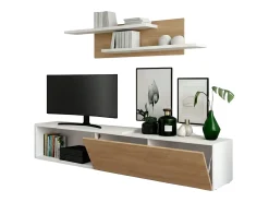 Outlet Móvel para sala de estar Kipi com suporte para TV, extensível, 2 prateleiras, branco, madeira clara, 65x220x32 cm Natural claro / Branco