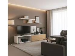 Outlet Móvel para sala de estar Kipi com suporte para TV, extensível, 2 prateleiras, branco, madeira clara, 65x220x32 cm Natural claro / Branco