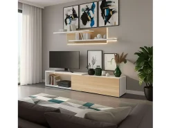 Outlet Móvel para sala de estar Kipi com suporte para TV, extensível, 2 prateleiras, branco, madeira clara, 65x220x32 cm Natural claro / Branco