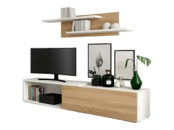 Outlet Móvel para sala de estar Kipi com suporte para TV, extensível, 2 prateleiras, branco, madeira clara, 65x220x32 cm Natural claro / Branco