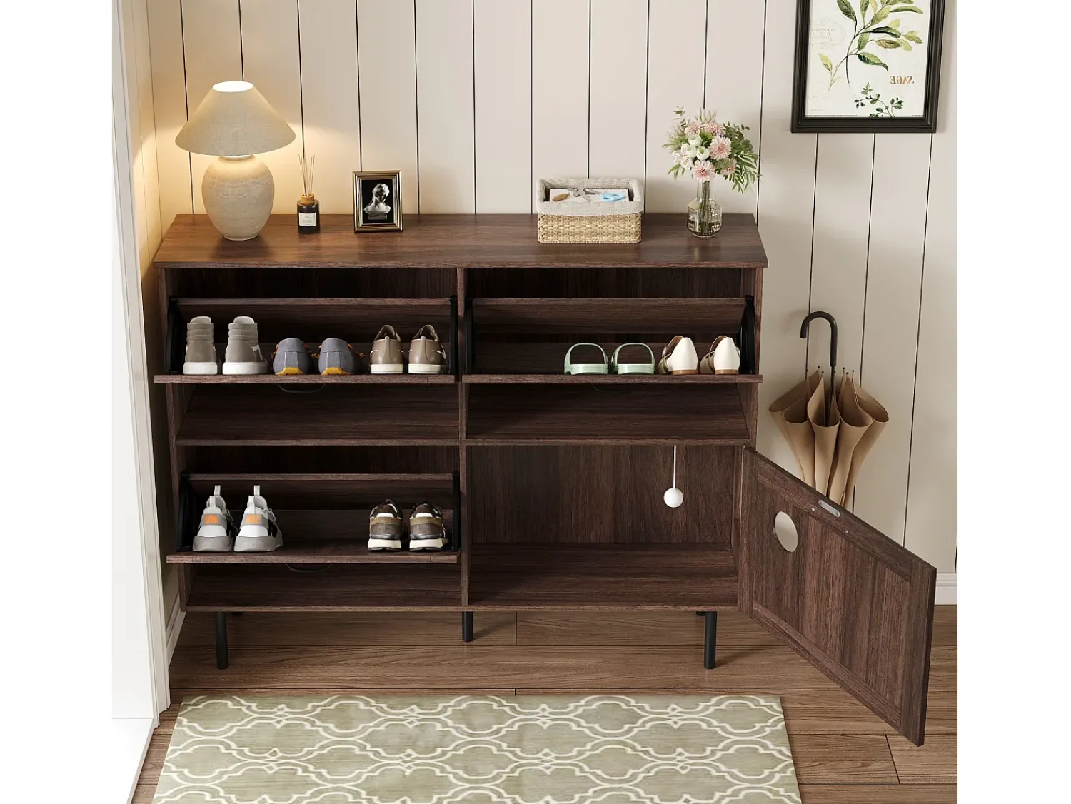 Móvel De Arrumação|Sapateira*ModernLuxe Móvel para sapatos 120×28×92 cm - 4 portas (3 basculantes) - com bola de brinquedo - marrom Castanho