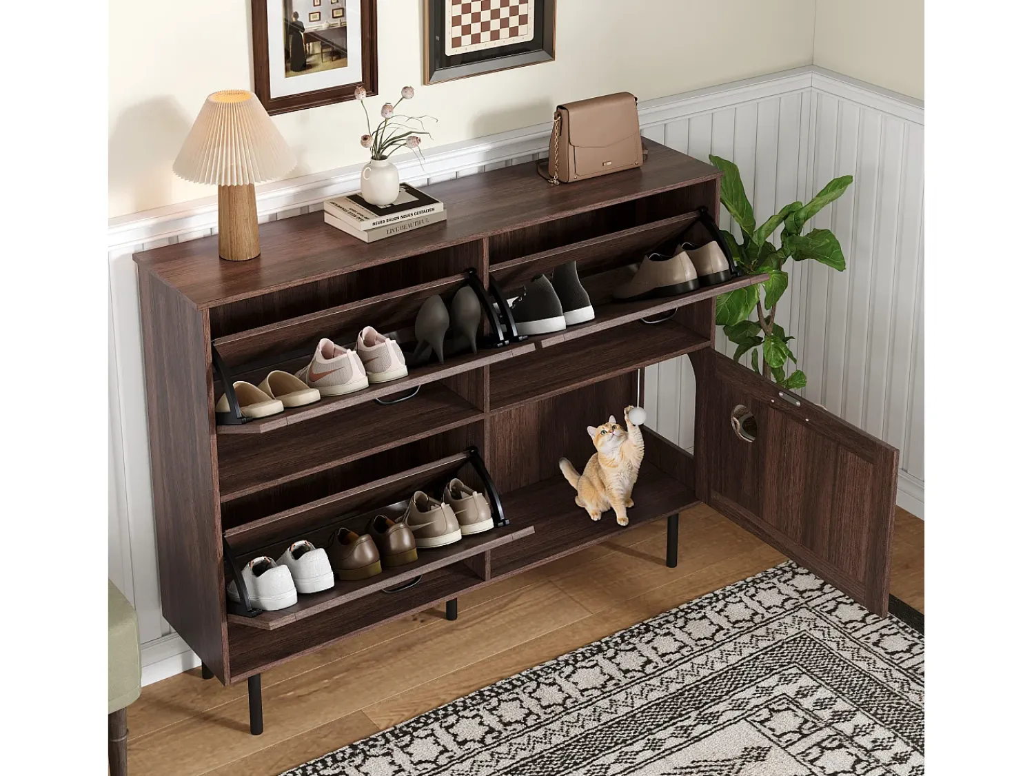 Móvel De Arrumação|Sapateira*ModernLuxe Móvel para sapatos 120×28×92 cm - 4 portas (3 basculantes) - com bola de brinquedo - marrom Castanho