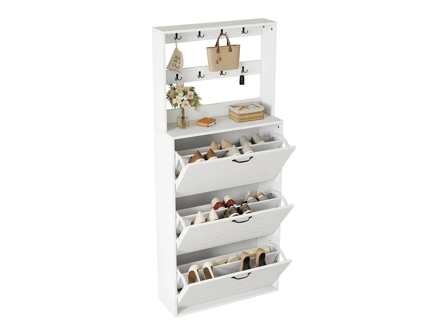 Discount ModernLuxe Móvel para sapatos 70×25×165 cm - com 8 ganchos - com 3 portas - painel de partículas - Branco