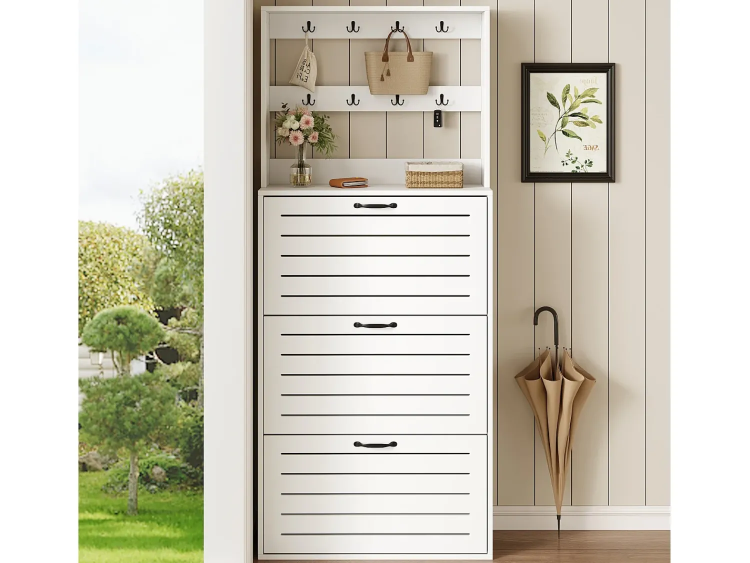 Discount ModernLuxe Móvel para sapatos 70×25×165 cm - com 8 ganchos - com 3 portas - painel de partículas - Branco