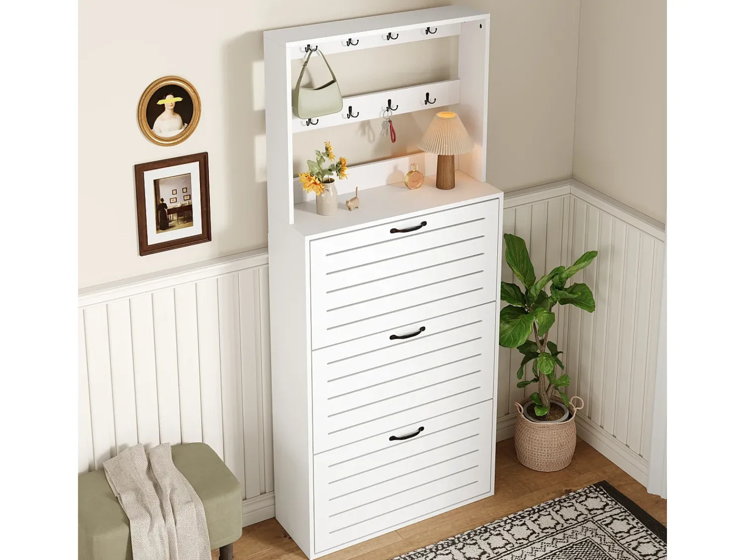 Discount ModernLuxe Móvel para sapatos 70×25×165 cm - com 8 ganchos - com 3 portas - painel de partículas - Branco
