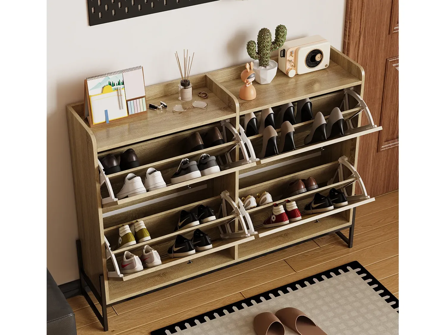 Móvel De Arrumação|Sapateira*ModernLuxe Móvel para sapatos 121×25×91,5 cm - com 4 portas basculantes de rattan - painel de partículas - natural Natural claro