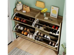 Móvel De Arrumação|Sapateira*ModernLuxe Móvel para sapatos 121×25×91,5 cm - com 4 portas basculantes de rattan - painel de partículas - natural Natural claro