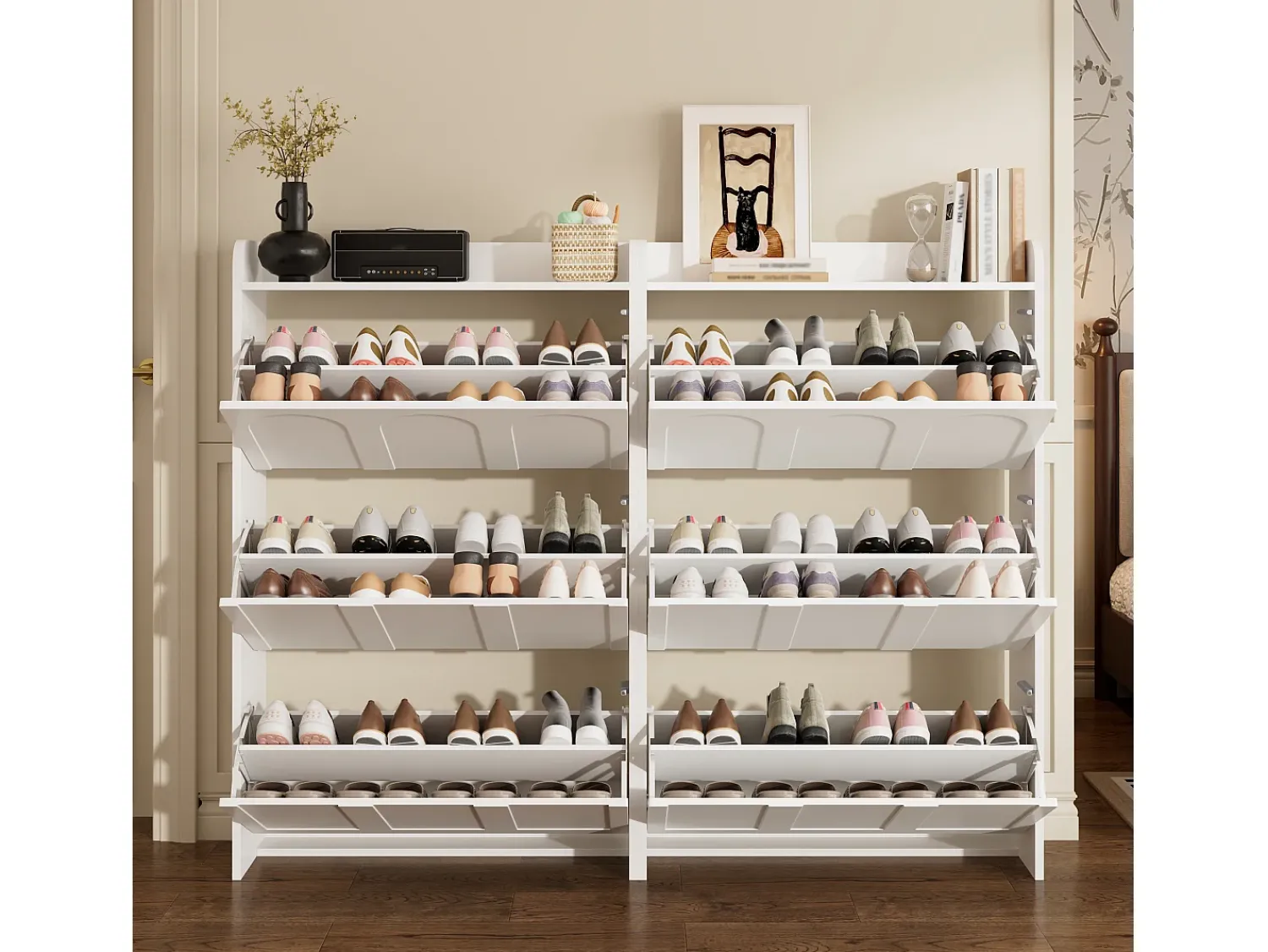 Sale ModernLuxe Móvel para sapatos 2 peças - 140x25x120 cm - con 12 compartimentos - 6 portas basculantes - MDF - Branco