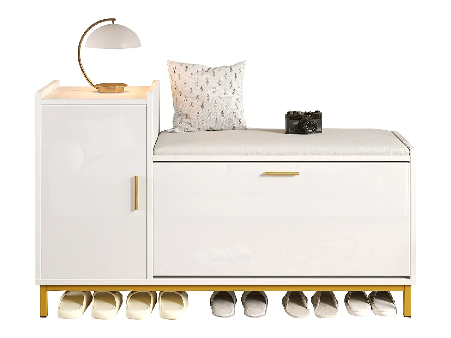 Móvel De Arrumação|Sapateira*ModernLuxe Móvel para sapatos brilhante 100x38x68 cm - com 2 portas - com trocador - Pés de metal - + dourado Branco