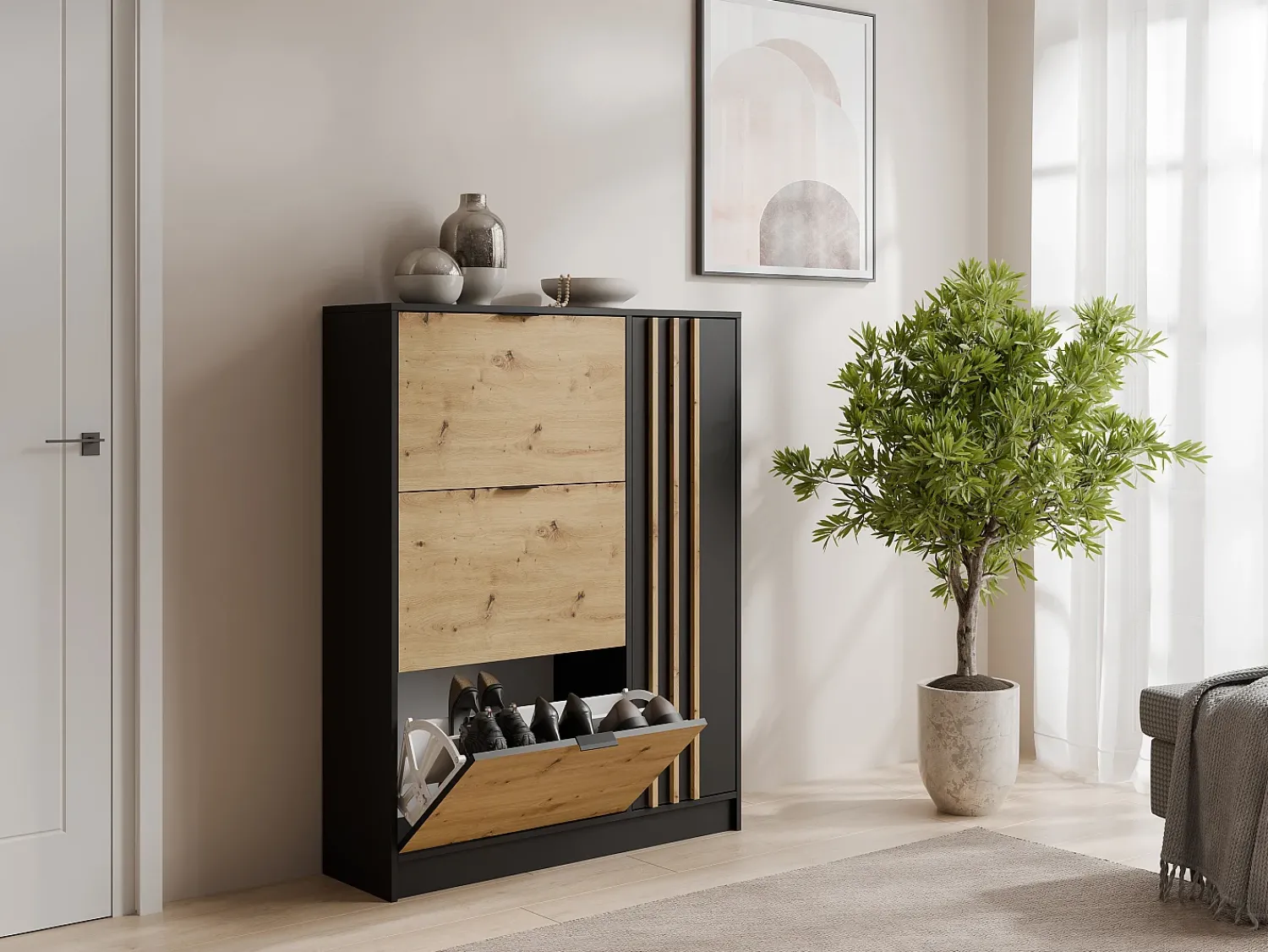 Best Vente-unique Móvel para sapatos com 1 porta e 3 compartimentos abatíveis - Natural e Preto - JANAKIA Preto / Natural claro